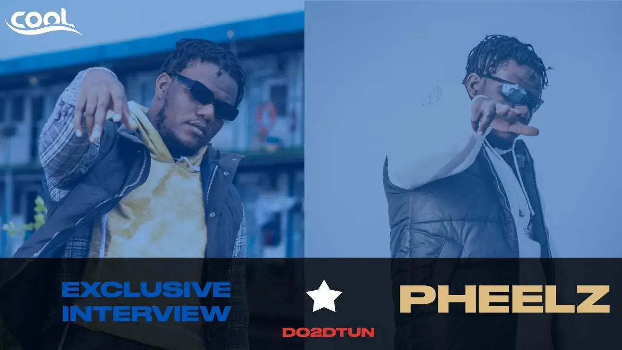 Two photos of Pheelz on a blue Cool FM title card reading Exclusive interview