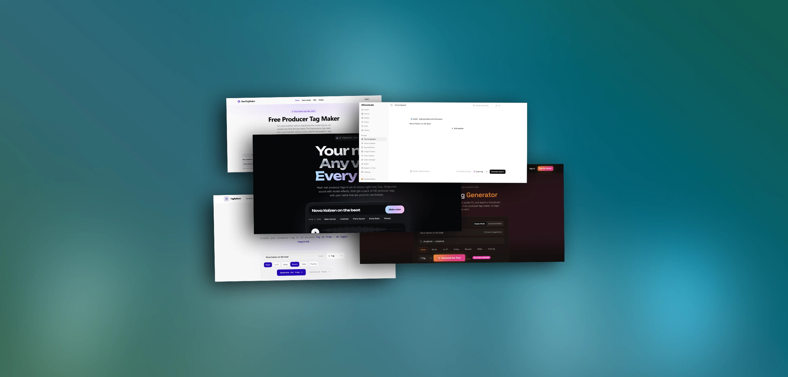 Collage of BeatTagMaker, ElevenLabs, Moshpyt, TagMyBeat and producertag.app interfaces on a teal background
