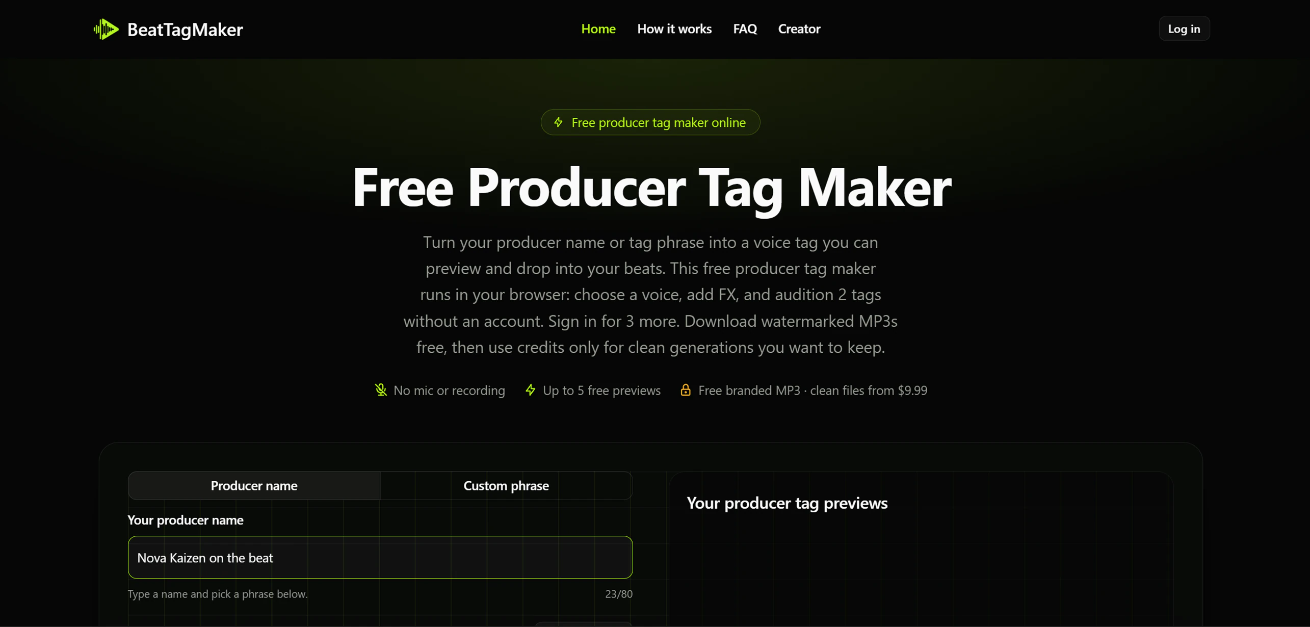 BeatTagMaker home page with Nova Kaizen on the beat in the producer-name field