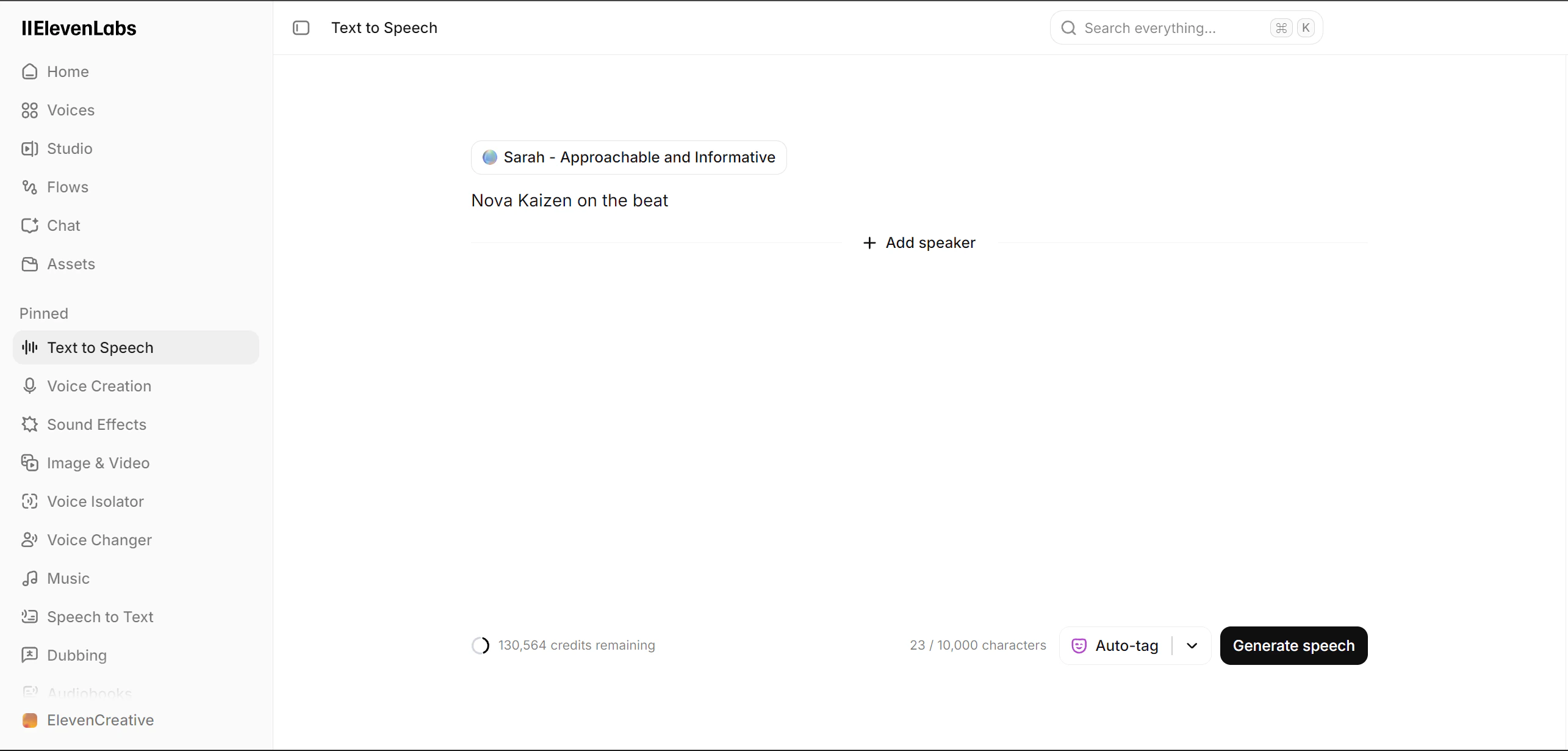 ElevenLabs Text to Speech editor with Sarah selected and Nova Kaizen on the beat entered