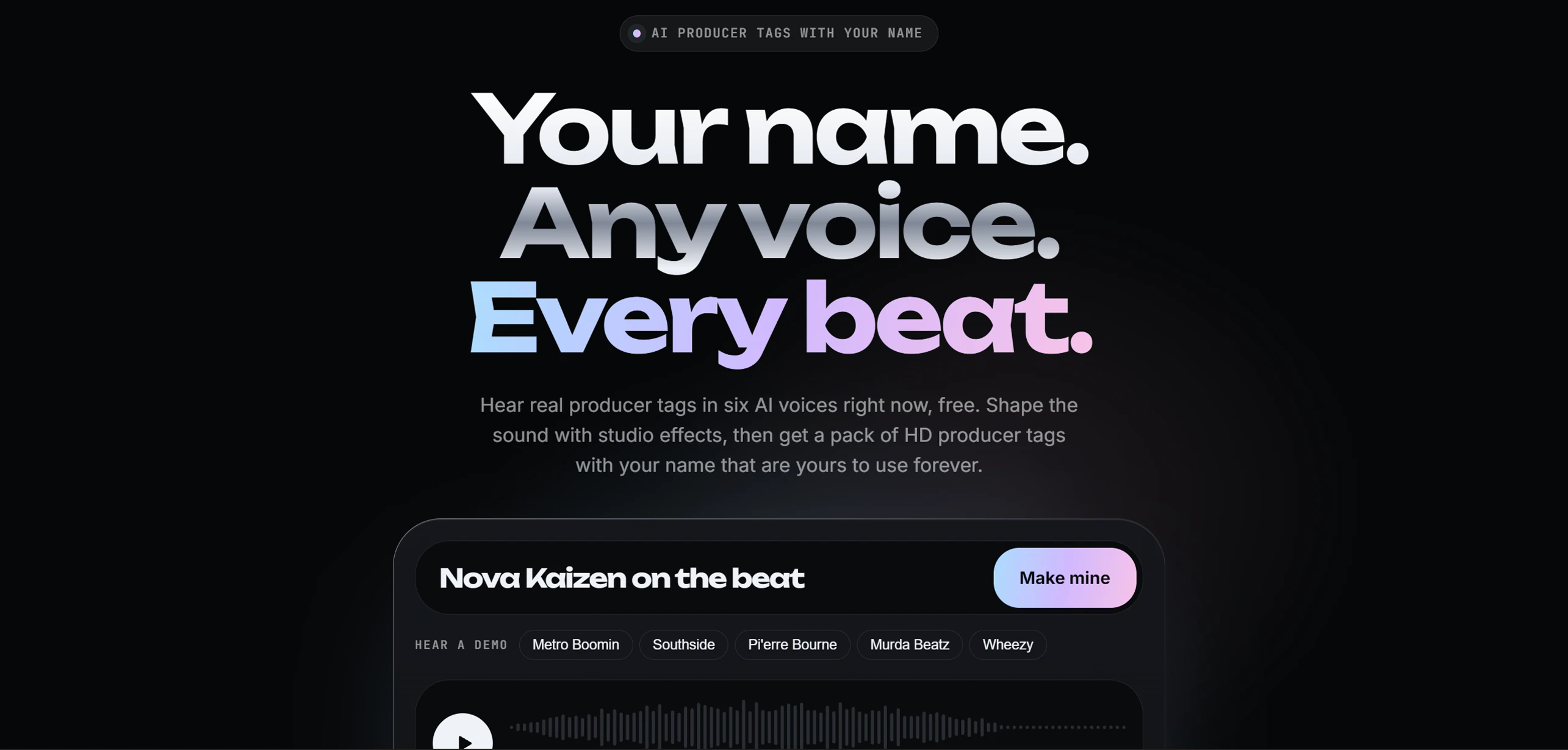 Moshpyt producer tag page with Nova Kaizen on the beat entered above its demo player