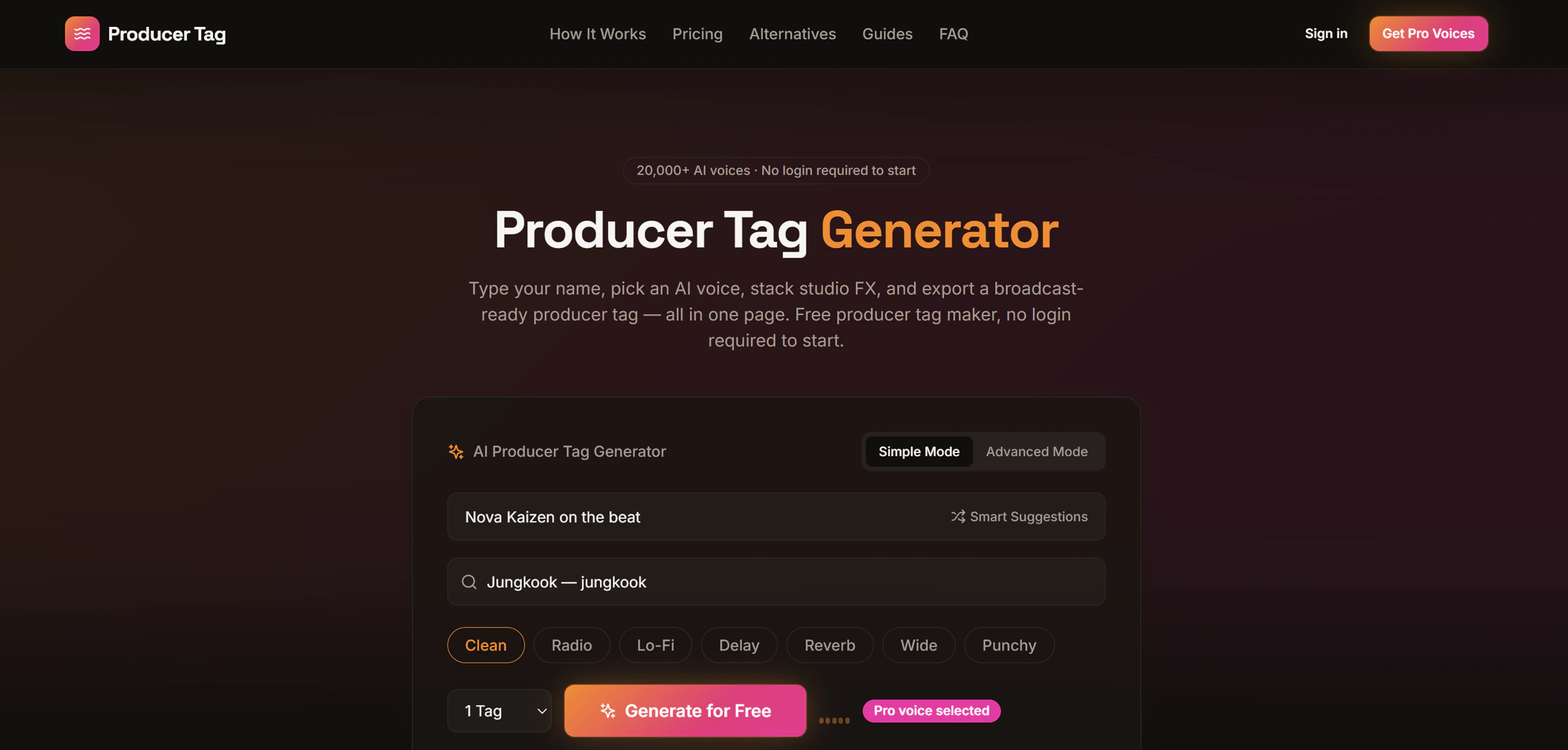 Producer Tag generator with the test phrase entered, Clean selected and a Pro voice indicator