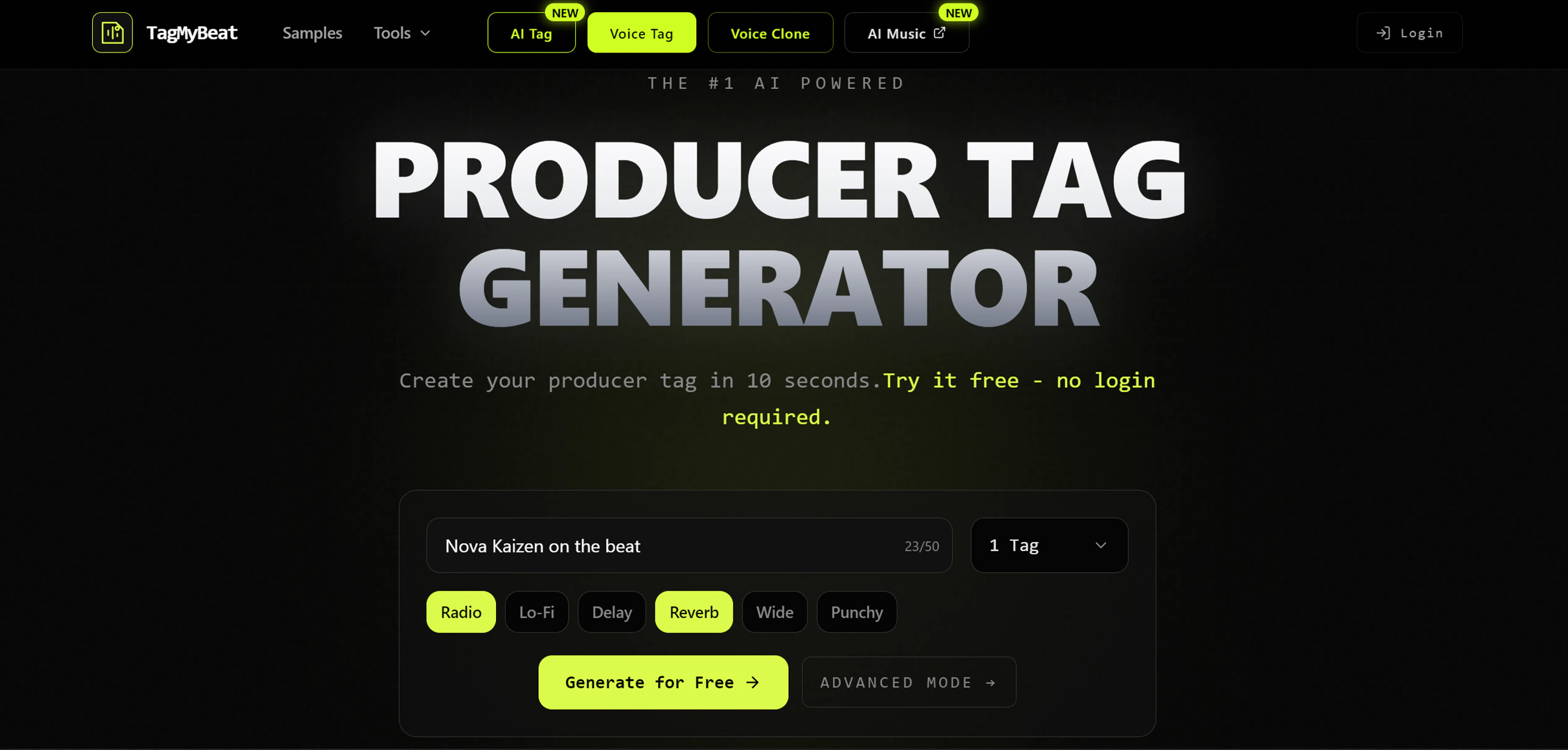 TagMyBeat generator with Nova Kaizen on the beat entered and Radio and Reverb selected