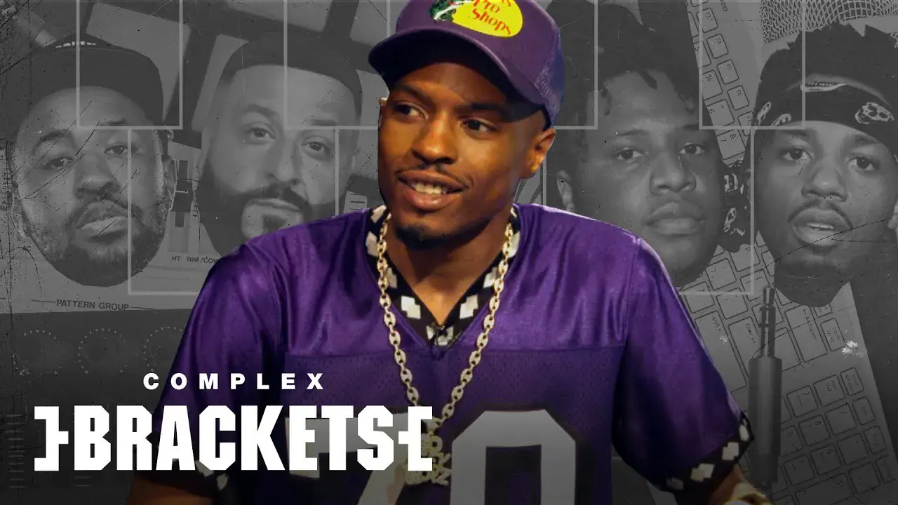 Pi’erre Bourne in a purple jacket above Complex Brackets lettering