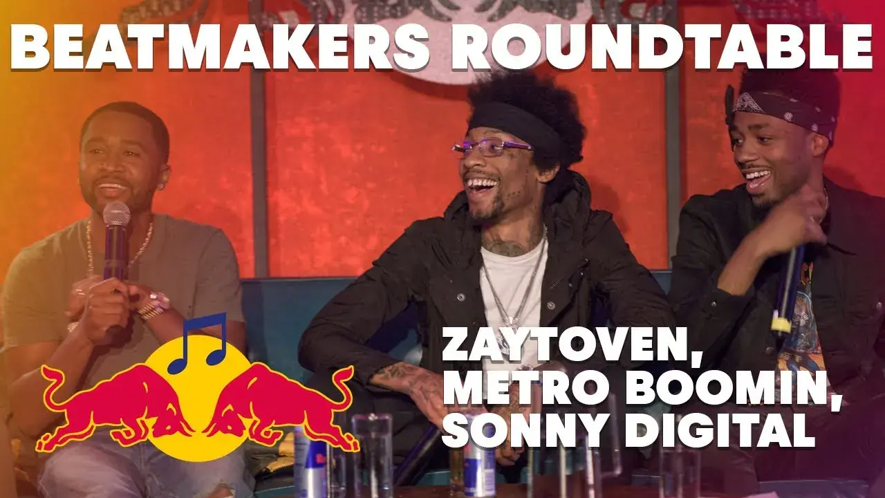 Zaytoven, Metro Boomin and Sonny Digital laughing on a couch beside the words Beatmakers roundtable and the Red Bull logo