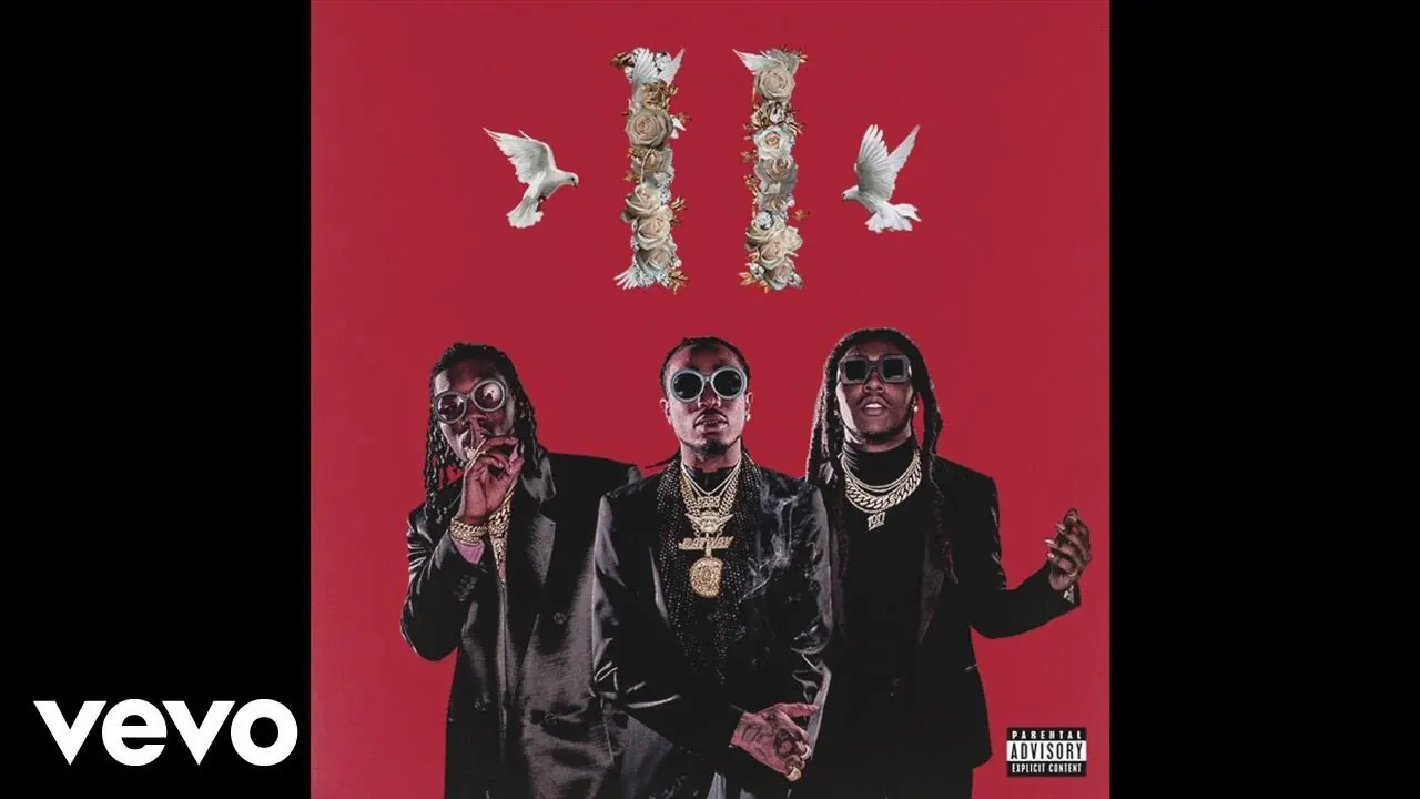 The three members of Migos in sunglasses and jewelry against red Culture II artwork with white doves and roses