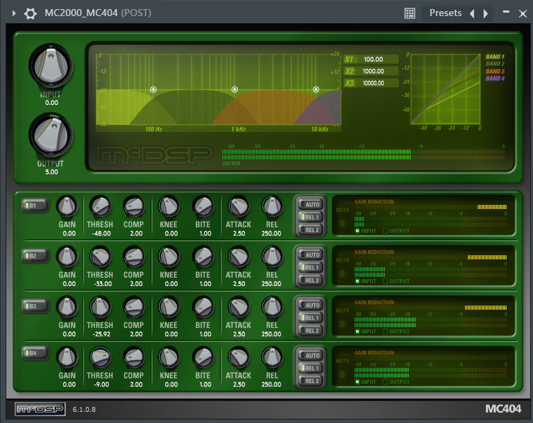 McDSP MC404 showing four frequency bands with separate compression controls and gain-reduction meters