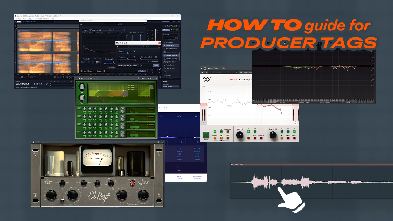 Producer tag guide thumbnail with RX 12, EQ, compression, de-essing and saturation screenshots around a vocal waveform