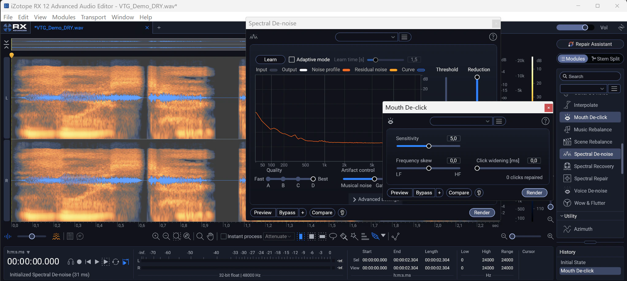 iZotope RX 12 showing the dry tag’s spectrogram with Spectral De-noise and Mouth De-click open