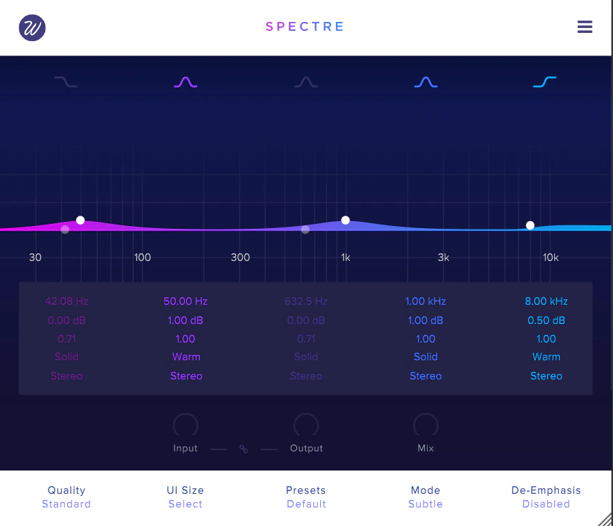 Wavesfactory Spectre showing separate frequency bands with Warm and Solid saturation types
