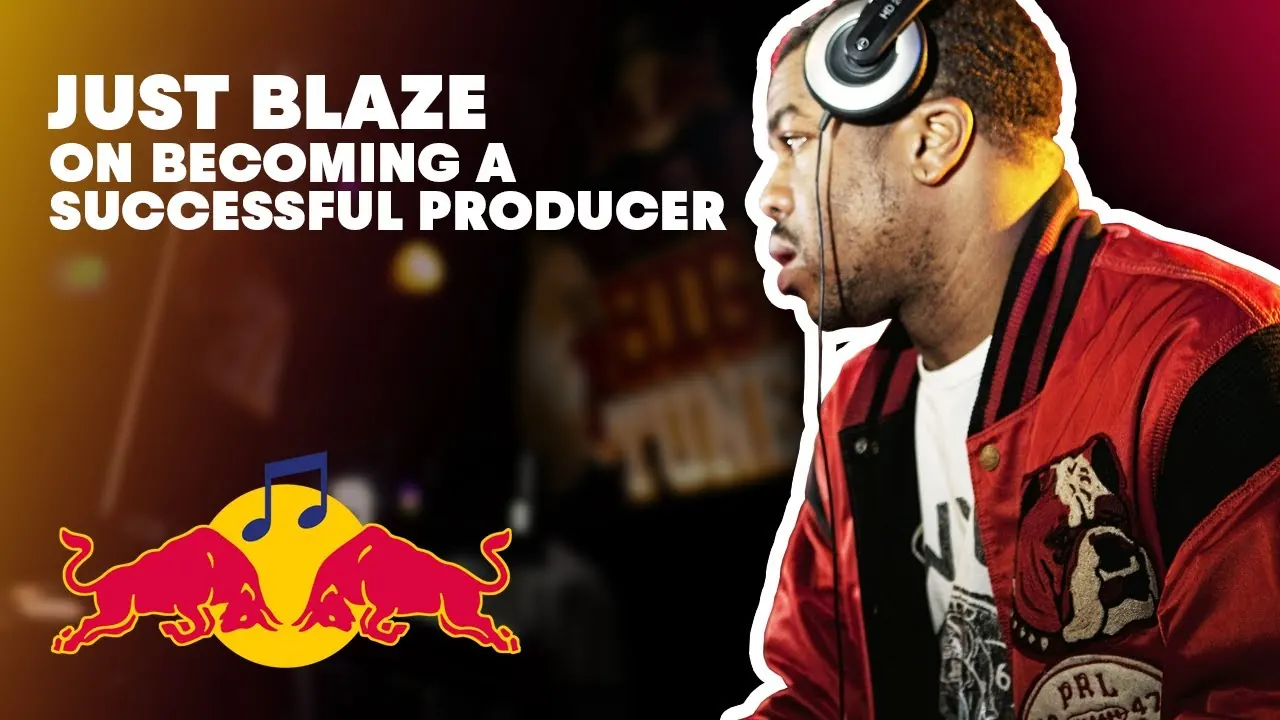 Just Blaze in headphones beside the words Just Blaze on becoming a successful producer