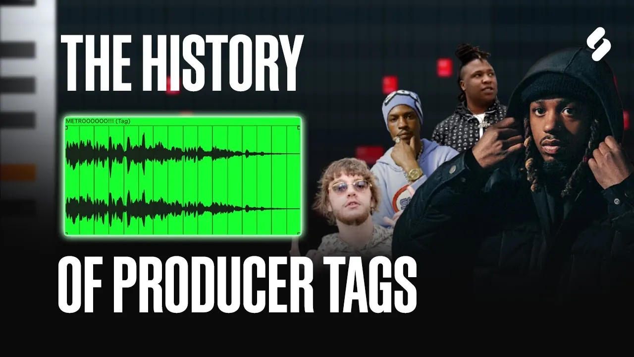 Title card reading The History of Producer Tags beside a waveform and four musicians