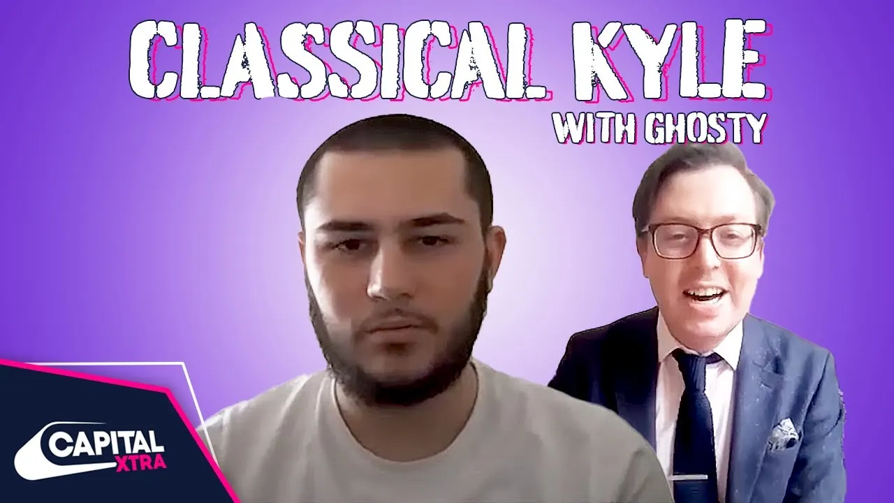Ghosty and Classical Kyle, in glasses and a blue suit, side by side on a video call under the words Classical Kyle with Ghosty